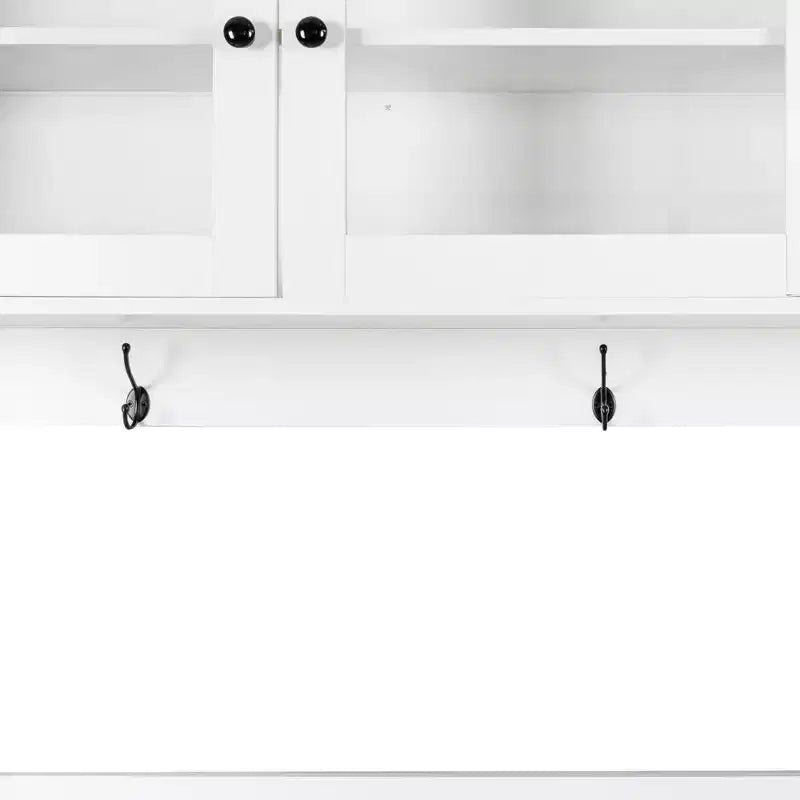 Dispensa da Cucina 63W, Mobile Dispensa da Cucina, Credenza con Ante, Cassetti, Ganci Appendiabiti e Ripiano per Microonde, Bianco-ModernLuxe