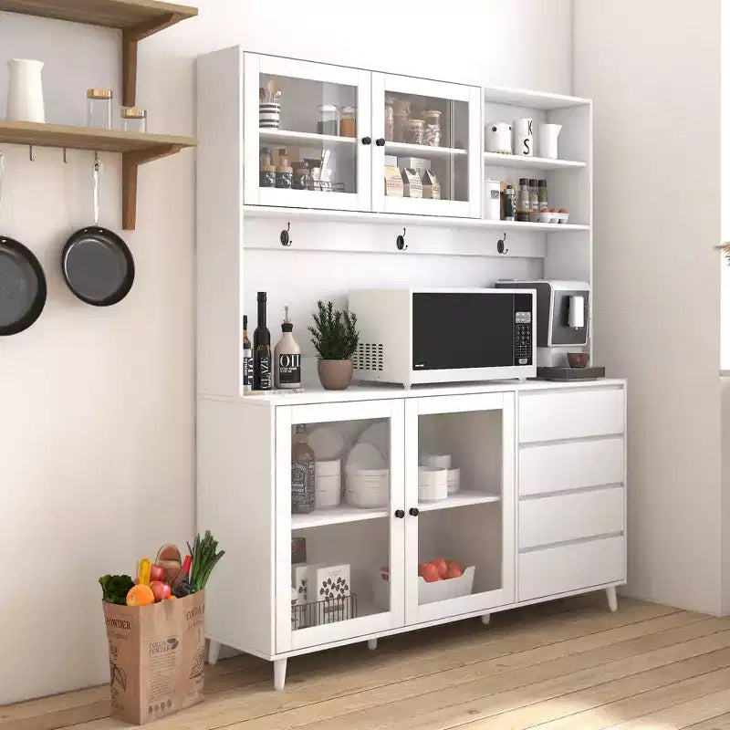Dispensa da Cucina 63W, Mobile Dispensa da Cucina, Credenza con Ante, Cassetti, Ganci Appendiabiti e Ripiano per Microonde, Bianco-ModernLuxe