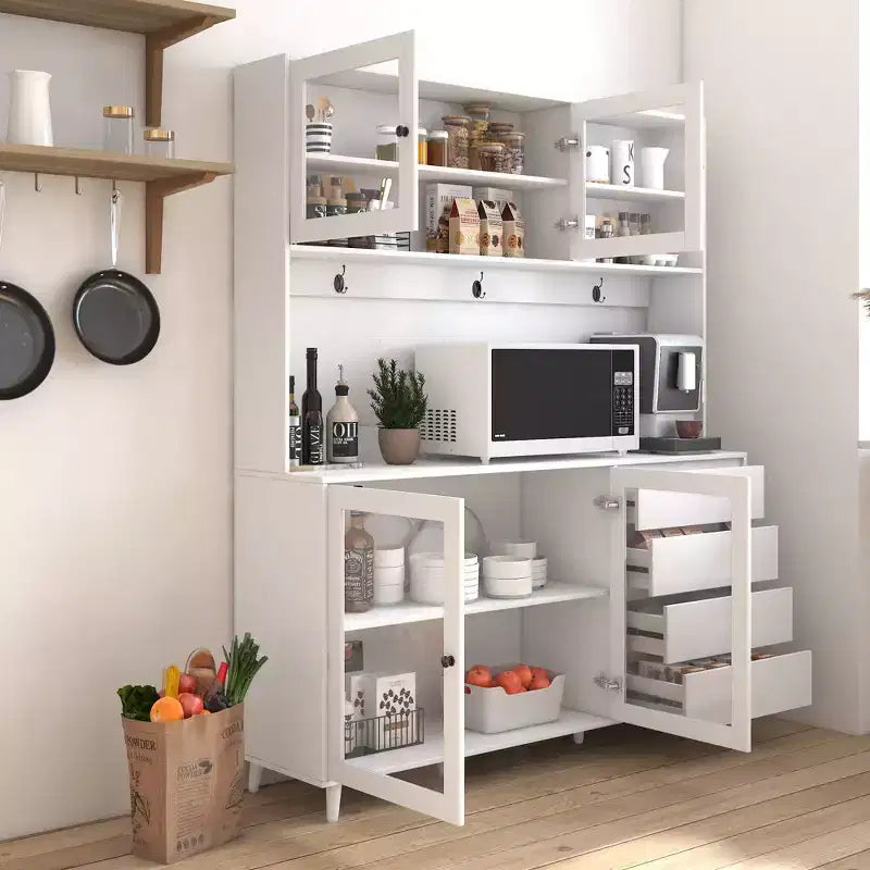 Dispensa da Cucina 63W, Mobile Dispensa da Cucina, Credenza con Ante, Cassetti, Ganci Appendiabiti e Ripiano per Microonde, Bianco-ModernLuxe