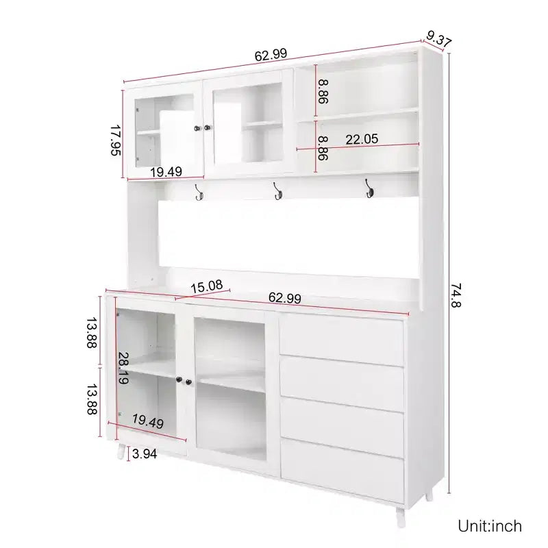 Dispensa da Cucina 63W, Mobile Dispensa da Cucina, Credenza con Ante, Cassetti, Ganci Appendiabiti e Ripiano per Microonde, Bianco-ModernLuxe
