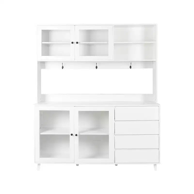 Dispensa da Cucina 63W, Mobile Dispensa da Cucina, Credenza con Ante, Cassetti, Ganci Appendiabiti e Ripiano per Microonde, Bianco-ModernLuxe