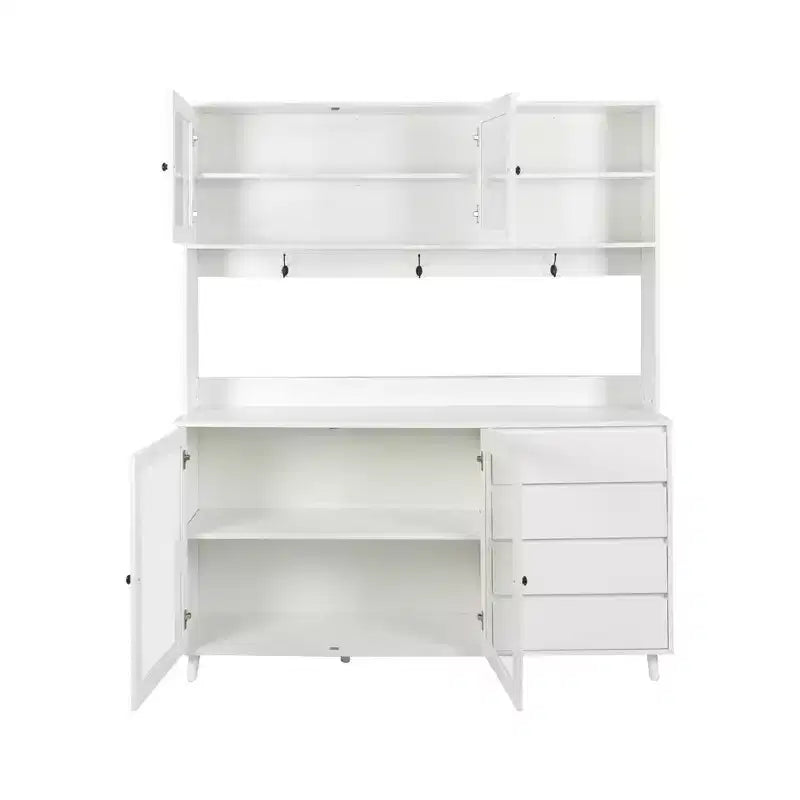 Dispensa da Cucina 63W, Mobile Dispensa da Cucina, Credenza con Ante, Cassetti, Ganci Appendiabiti e Ripiano per Microonde, Bianco-ModernLuxe