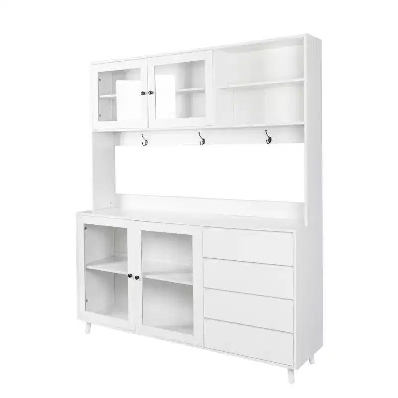 Dispensa da Cucina 63W, Mobile Dispensa da Cucina, Credenza con Ante, Cassetti, Ganci Appendiabiti e Ripiano per Microonde, Bianco-ModernLuxe
