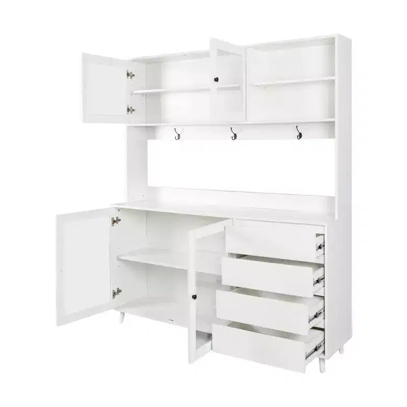 Dispensa da Cucina 63W, Mobile Dispensa da Cucina, Credenza con Ante, Cassetti, Ganci Appendiabiti e Ripiano per Microonde, Bianco-ModernLuxe