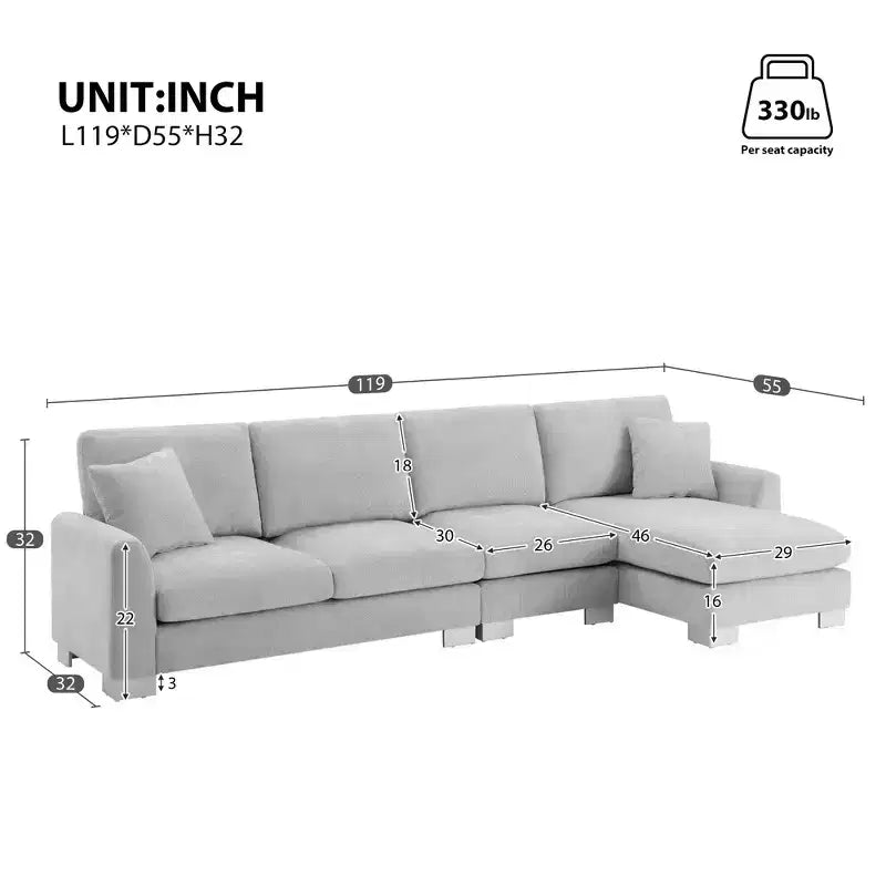Divano componibile oversize Whisen Modern, set divano di lusso a L con chaise longue e 2 cuscini