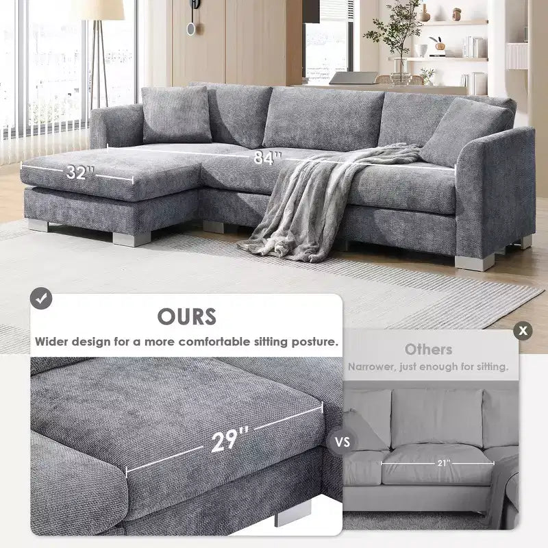 Divano componibile oversize Whisen Modern, set divano di lusso a L con chaise longue e 2 cuscini