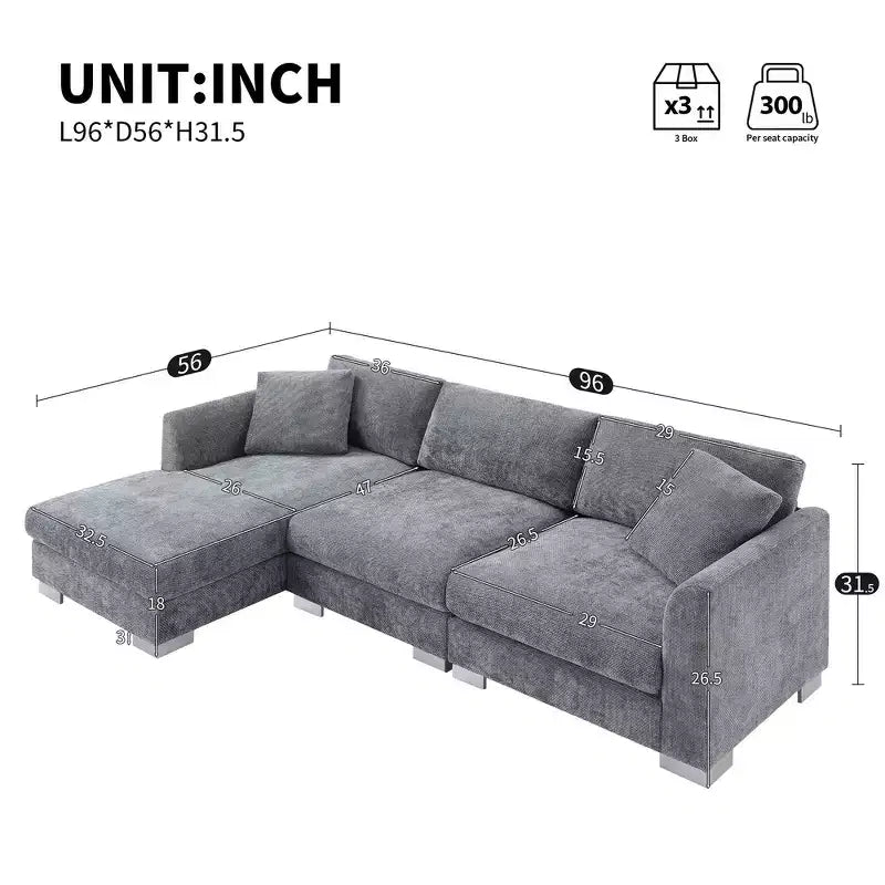 Divano componibile oversize Whisen Modern, set divano di lusso a L con chaise longue e 2 cuscini