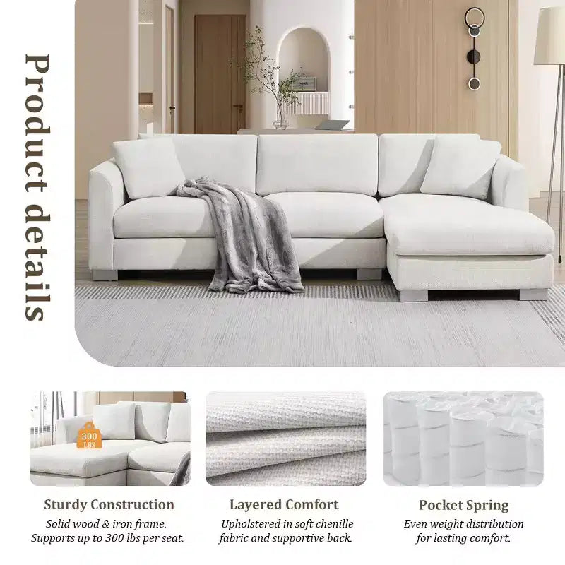 Divano componibile oversize Whisen Modern, set divano di lusso a L con chaise longue e 2 cuscini