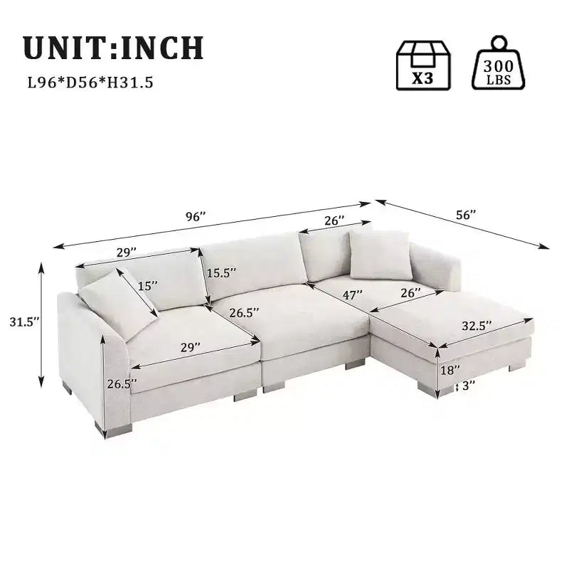 Divano componibile oversize Whisen Modern, set divano di lusso a L con chaise longue e 2 cuscini