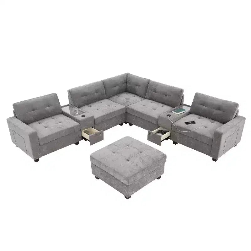 Divano componibile a U Whisen in ciniglia con 2 console, caricatore USB, cassetti e tasche portaoggetti e pouf mobile