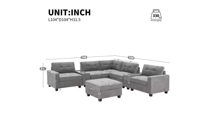 Divano componibile a U Whisen in ciniglia con 2 console, caricatore USB, cassetti e tasche portaoggetti e pouf mobile