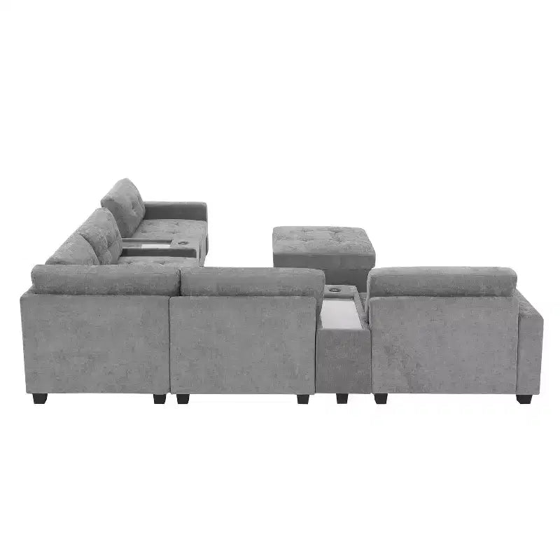 Divano componibile a U Whisen in ciniglia con 2 console, caricatore USB, cassetti e tasche portaoggetti e pouf mobile