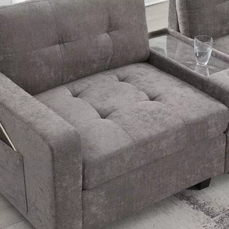 Divano componibile a U Whisen in ciniglia con 2 console, caricatore USB, cassetti e tasche portaoggetti e pouf mobile