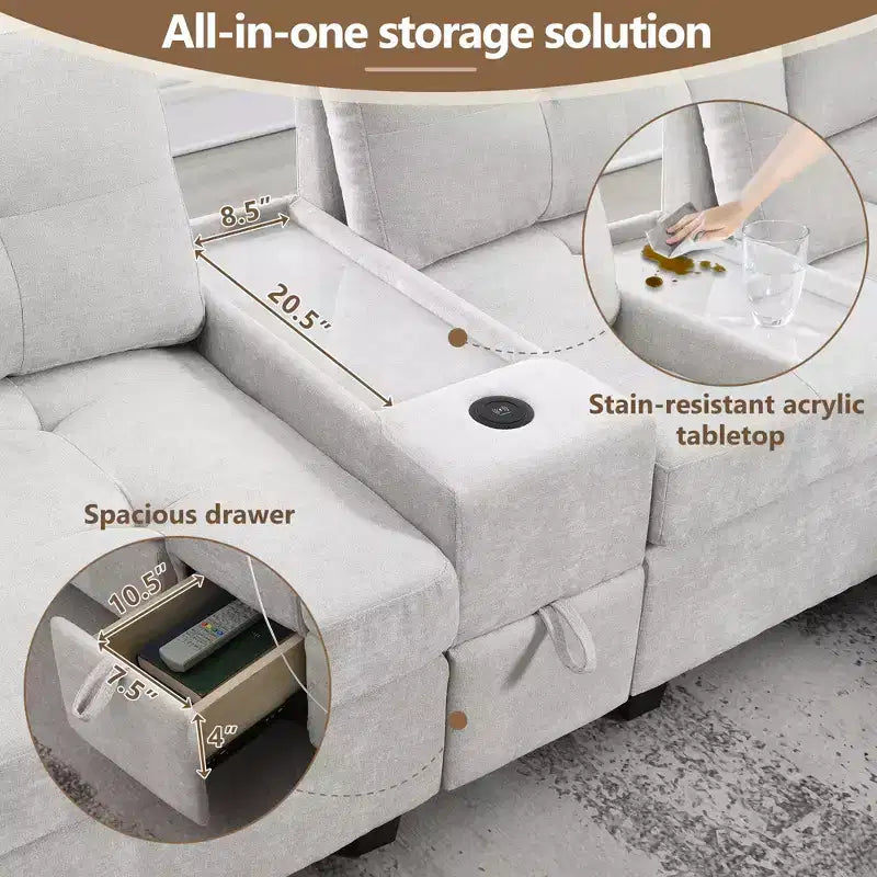 Divano componibile a U Whisen in ciniglia con 2 console, caricatore USB, cassetti e tasche portaoggetti e pouf mobile