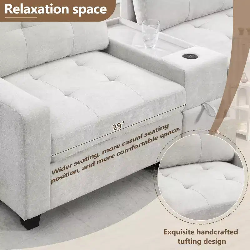 Divano componibile a U Whisen in ciniglia con 2 console, caricatore USB, cassetti e tasche portaoggetti e pouf mobile