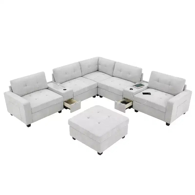Divano componibile a U Whisen in ciniglia con 2 console, caricatore USB, cassetti e tasche portaoggetti e pouf mobile