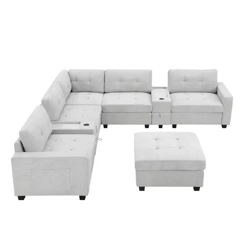 Divano componibile a U Whisen in ciniglia con 2 console, caricatore USB, cassetti e tasche portaoggetti e pouf mobile