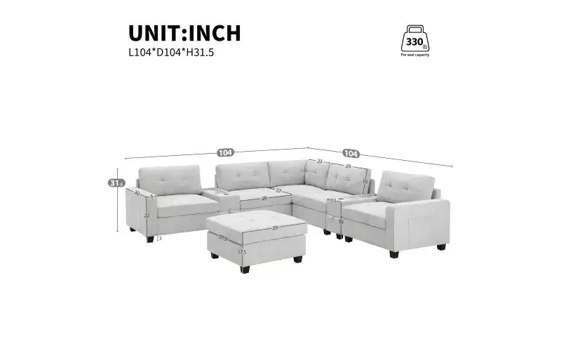 Divano componibile a U Whisen in ciniglia con 2 console, caricatore USB, cassetti e tasche portaoggetti e pouf mobile