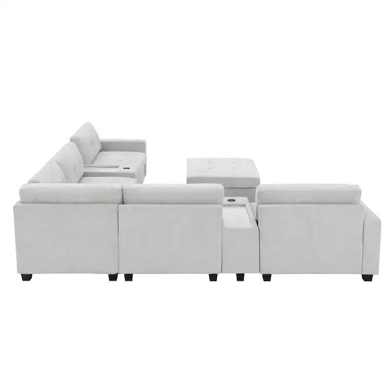 Divano componibile a U Whisen in ciniglia con 2 console, caricatore USB, cassetti e tasche portaoggetti e pouf mobile