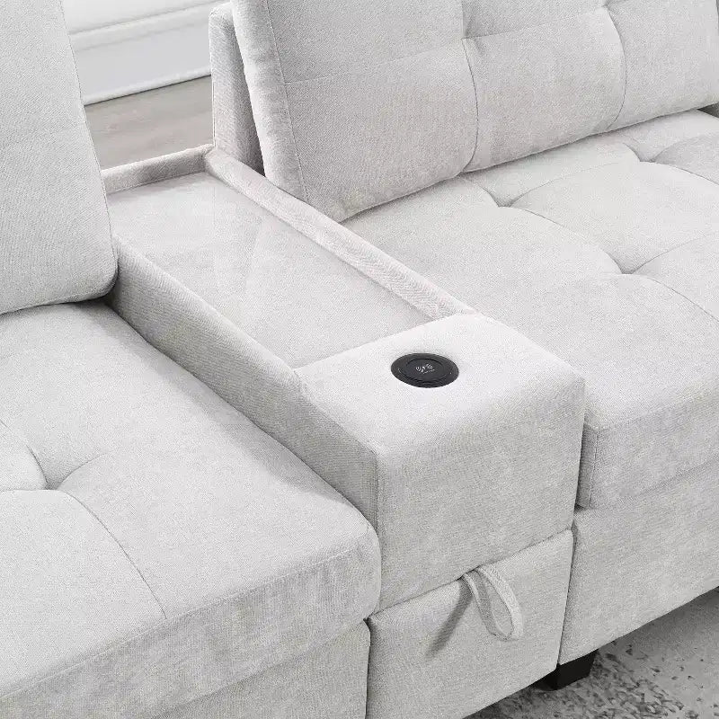 Divano componibile a U Whisen in ciniglia con 2 console, caricatore USB, cassetti e tasche portaoggetti e pouf mobile