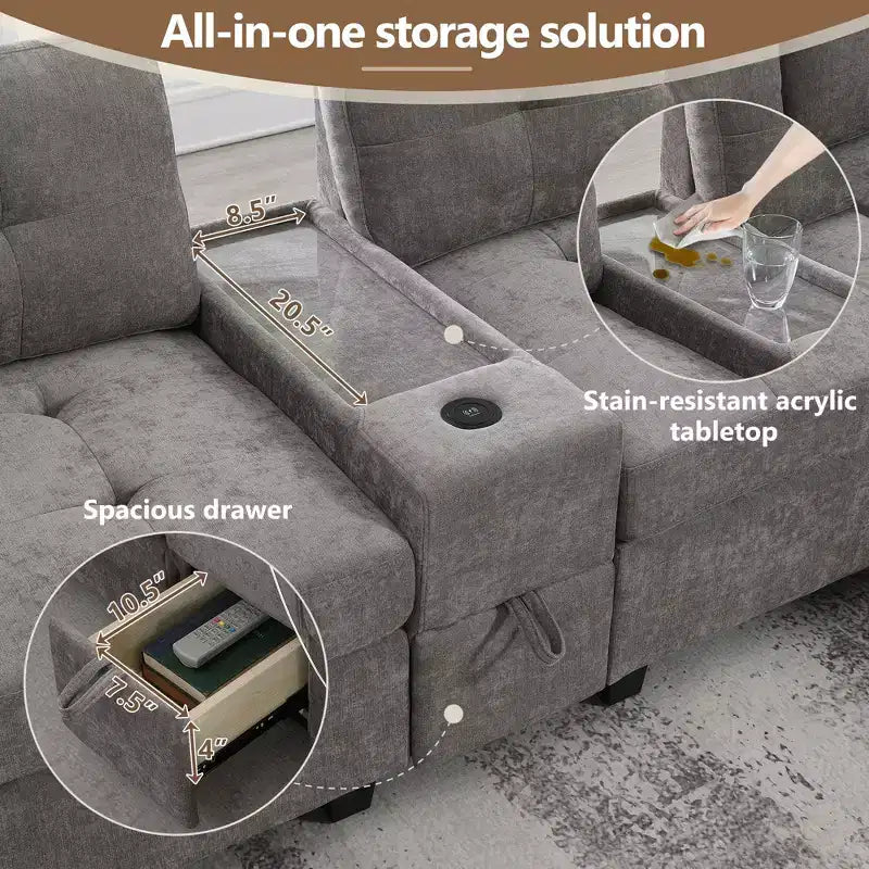 Divano componibile a U Whisen in ciniglia con 2 console, caricatore USB, cassetti e tasche portaoggetti e pouf mobile
