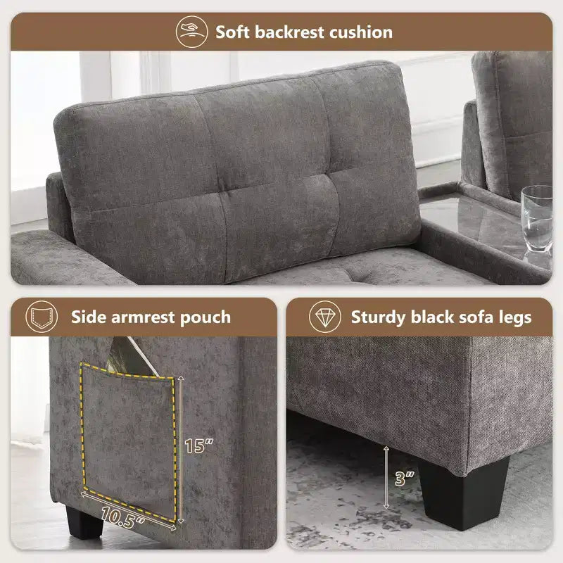 Divano componibile a U Whisen in ciniglia con 2 console, caricatore USB, cassetti e tasche portaoggetti e pouf mobile