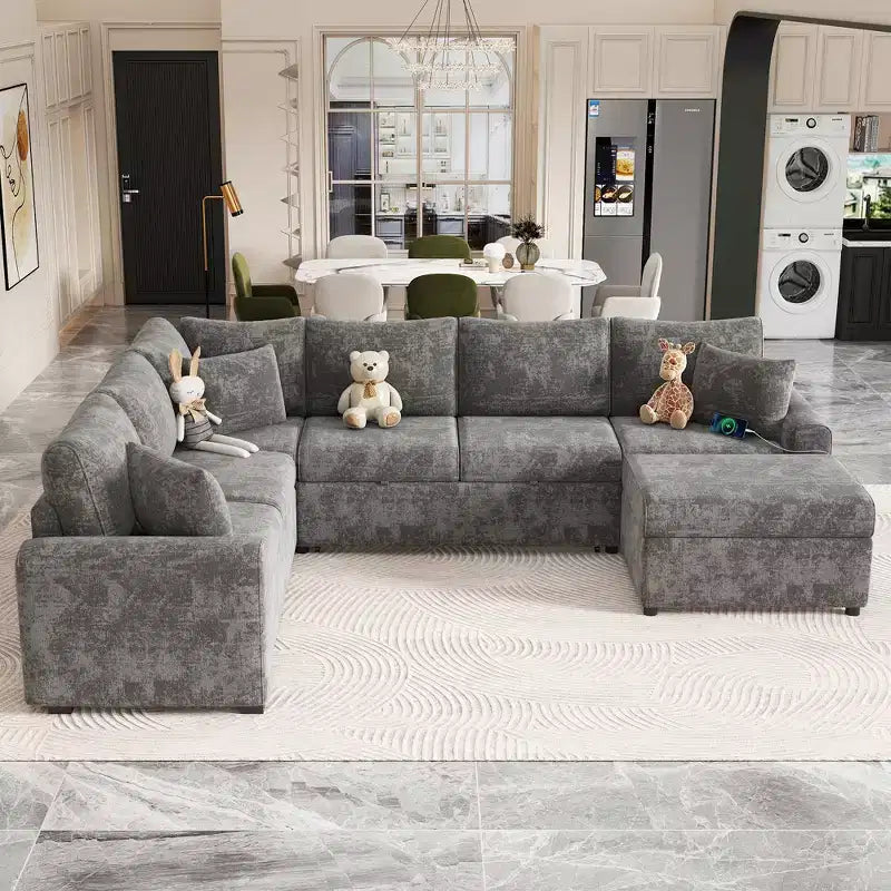 Canapé d'angle moderne Whisen 112 convertible avec pouf de rangement, trois oreillers, dispositifs de chargement