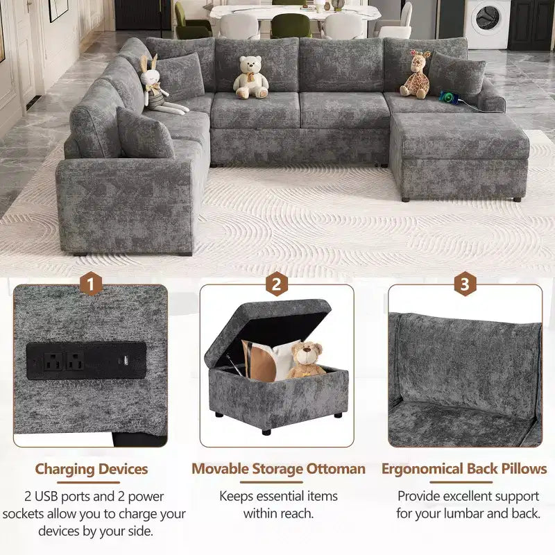 Canapé d'angle moderne Whisen 112 convertible avec pouf de rangement, trois oreillers, dispositifs de chargement