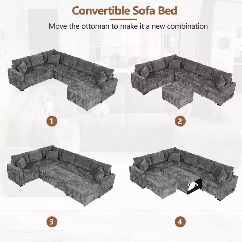 Canapé d'angle moderne Whisen 112 convertible avec pouf de rangement, trois oreillers, dispositifs de chargement