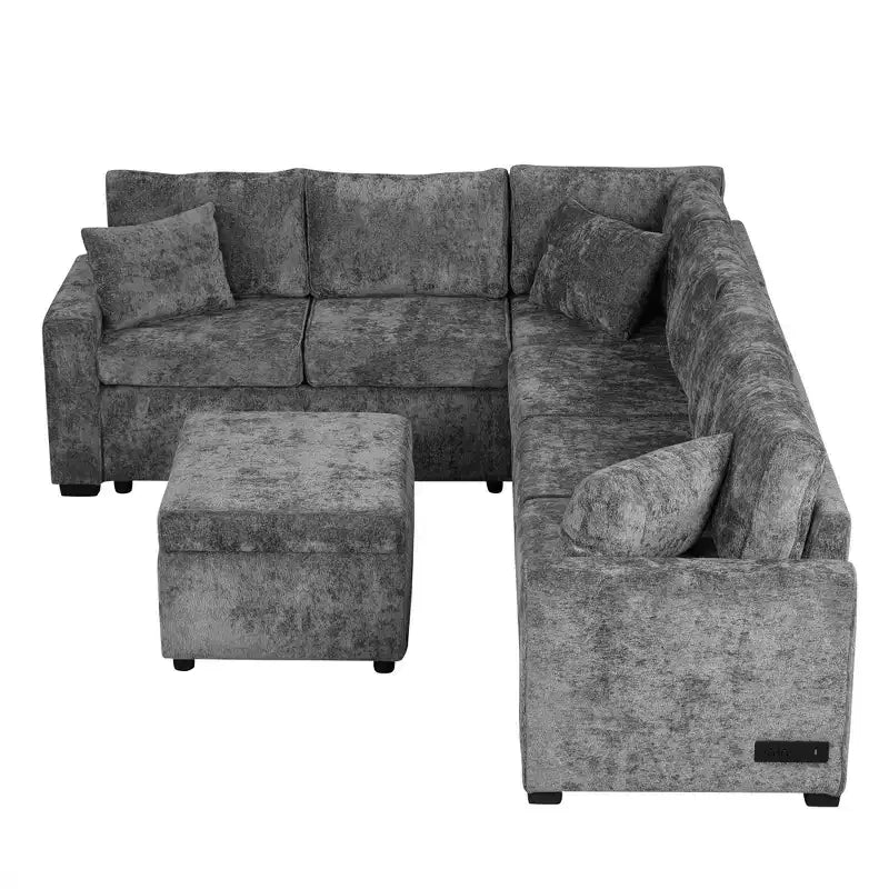 Canapé d'angle moderne Whisen 112 convertible avec pouf de rangement, trois oreillers, dispositifs de chargement
