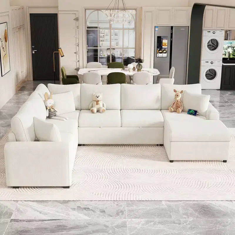 Divano sezionale moderno Whisen 112, divano letto estraibile con pouf contenitore, tre cuscini, dispositivi di ricarica