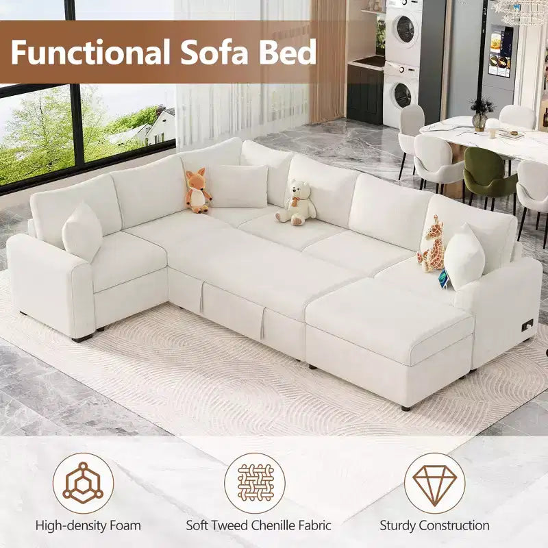 Divano sezionale moderno Whisen 112, divano letto estraibile con pouf contenitore, tre cuscini, dispositivi di ricarica