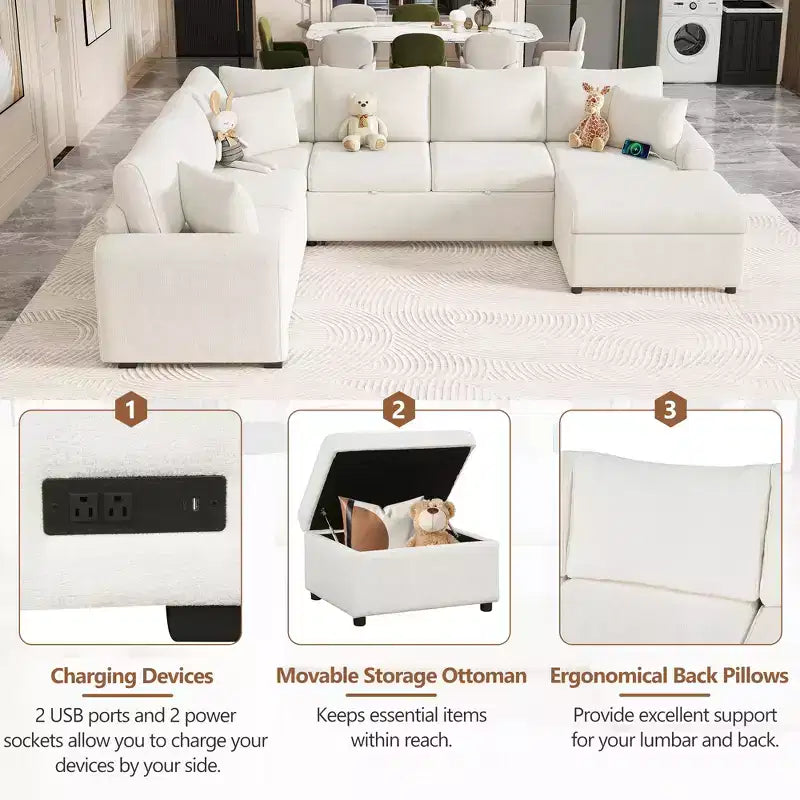 Divano sezionale moderno Whisen 112, divano letto estraibile con pouf contenitore, tre cuscini, dispositivi di ricarica