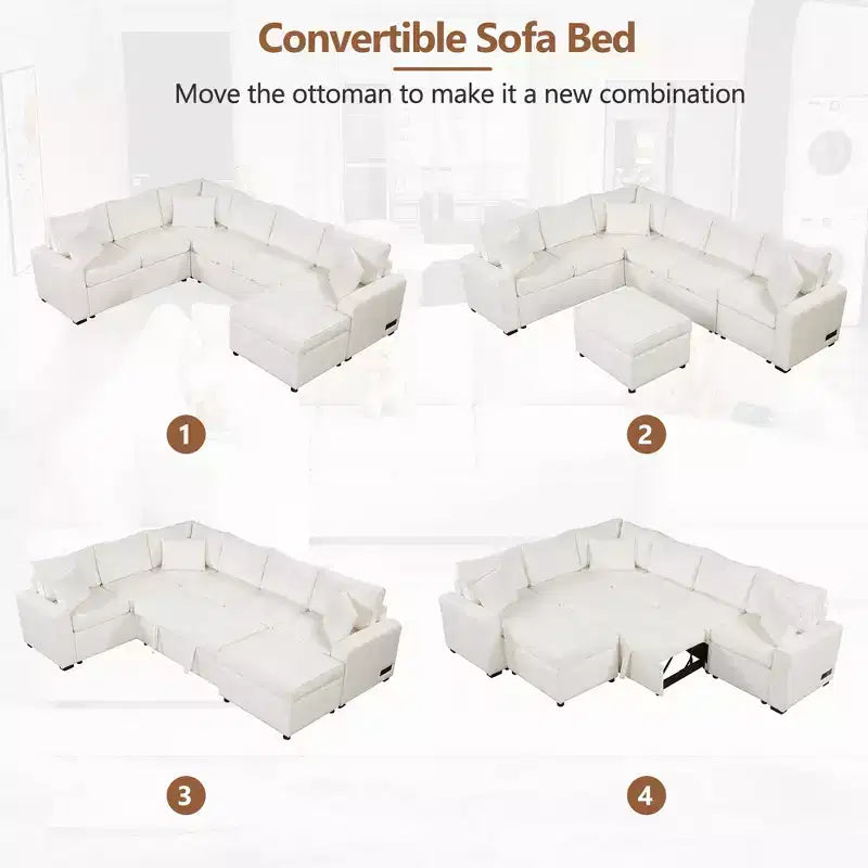Divano sezionale moderno Whisen 112, divano letto estraibile con pouf contenitore, tre cuscini, dispositivi di ricarica