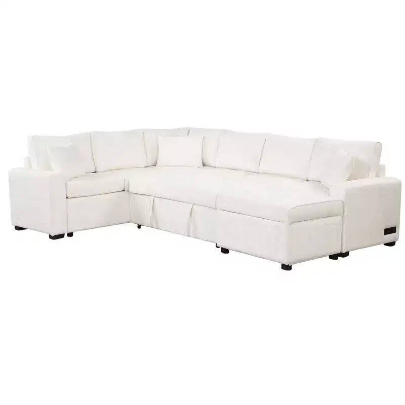 Canapé d'angle moderne Whisen 112 convertible avec pouf de rangement, trois oreillers, dispositifs de chargement