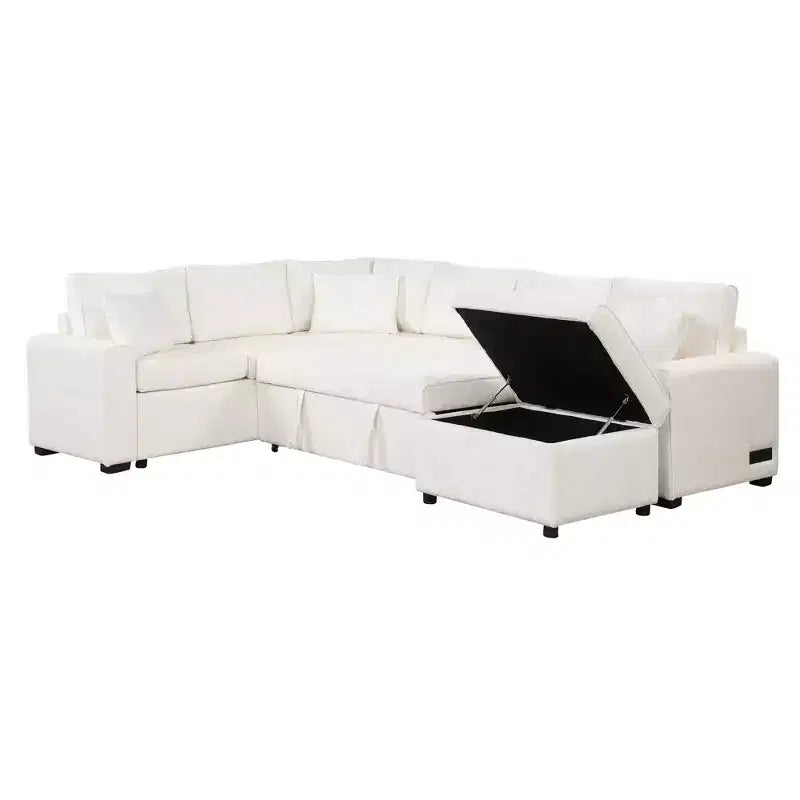 Canapé d'angle moderne Whisen 112 convertible avec pouf de rangement, trois oreillers, dispositifs de chargement