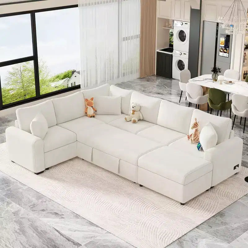 Whisen 112 Modern Sectional Sofa Pull-out Sofa Bed Sleeper with Storage Ottoman,Three Pillows, Charging Devices