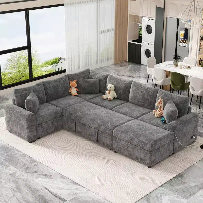 Divano sezionale moderno Whisen 112, divano letto estraibile con pouf contenitore, tre cuscini, dispositivi di ricarica