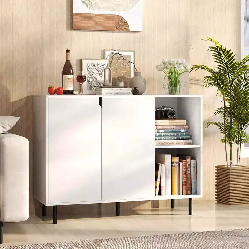 Costway Mobile Cucina Credenza con Ripiani Regolabili 2 Ante Robuste Gambe in Metallo Bianco