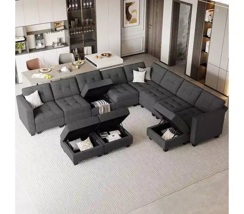 Divano componibile Belffin Weave con seduta contenitore e pouf (9 posti + 11 braccioli)