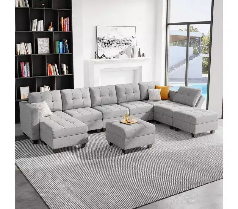 Divano Modulare in Tessuto Belffin con Sedile Contenitore e Pouf (8 Posti + 8 Lati)
