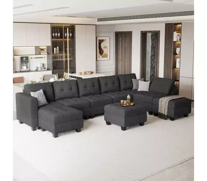 Divano Modulare in Tessuto Belffin con Sedile Contenitore e Pouf (8 Posti + 8 Lati)