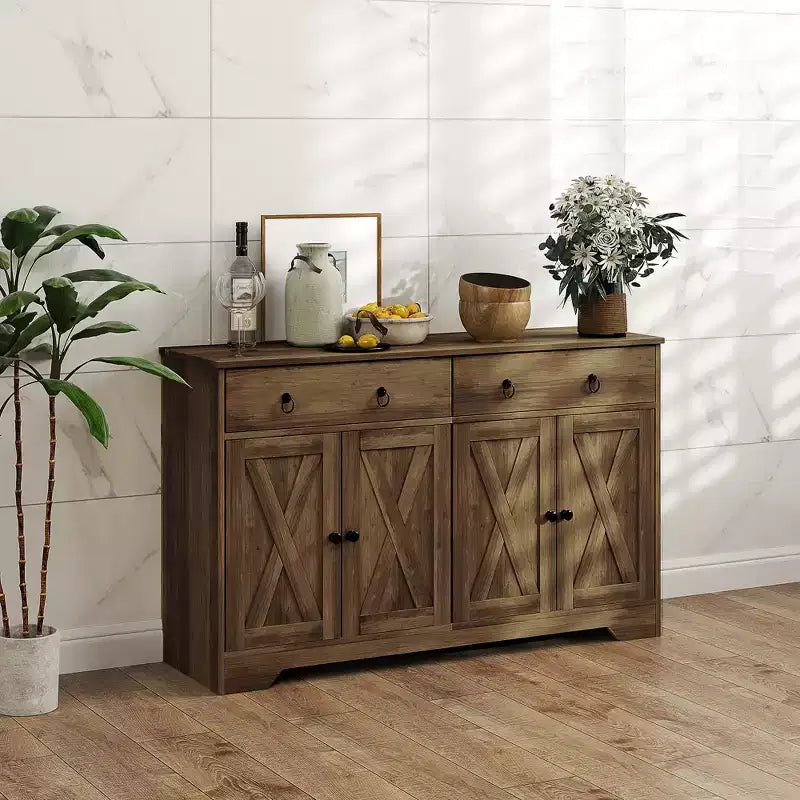 HOMCOM Madia Credenza, Mobile Buffet in Stile Rustico con 2 Cassetti e Ante Scorrevoli, Tavolo Buffet con Scaffali Regolabili