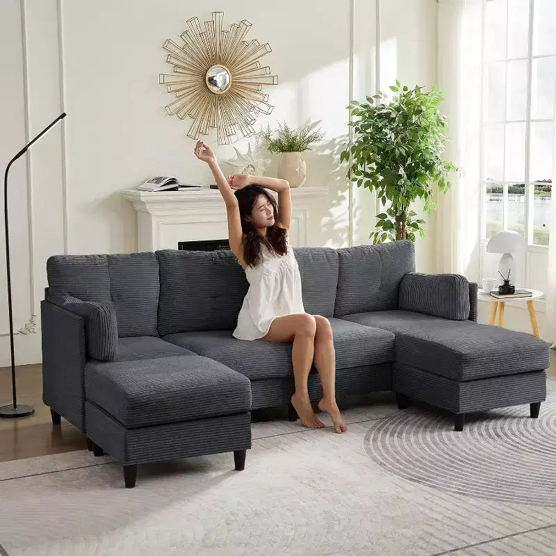 Divano Componibile a U Mjkone 89 con 2 Pouf, Divano a 6 Posti