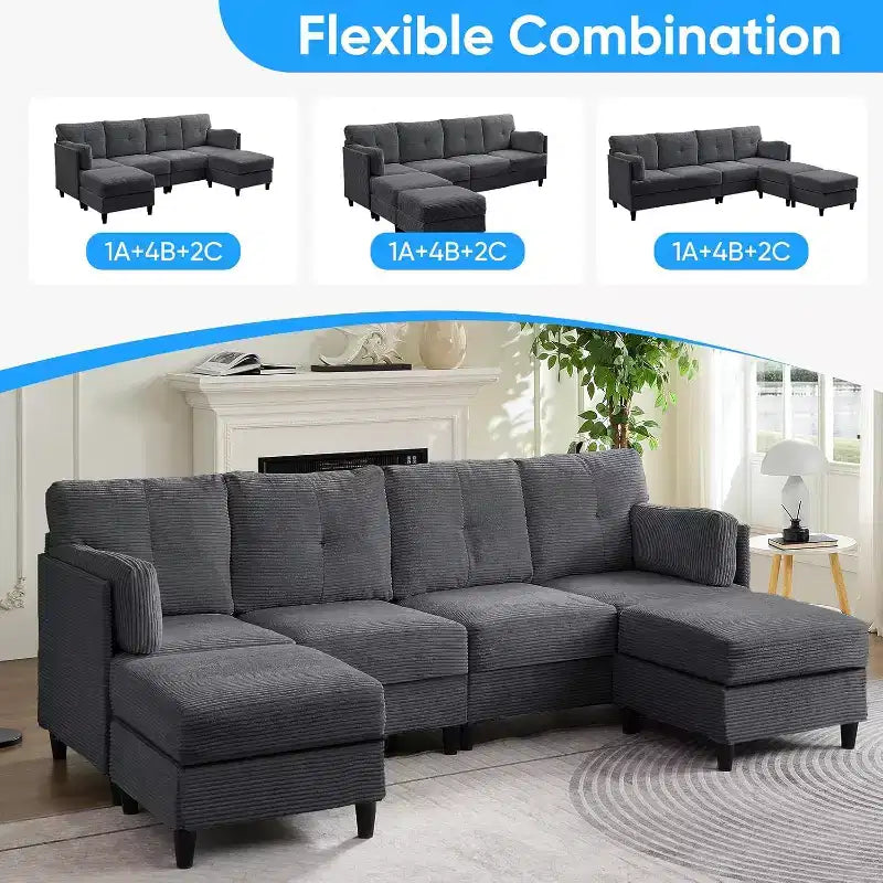 Divano Componibile a U Mjkone 89 con 2 Pouf, Divano a 6 Posti
