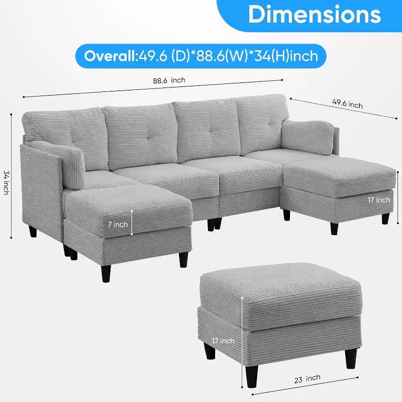 Divano Componibile a U Mjkone 89 con 2 Pouf, Divano a 6 Posti