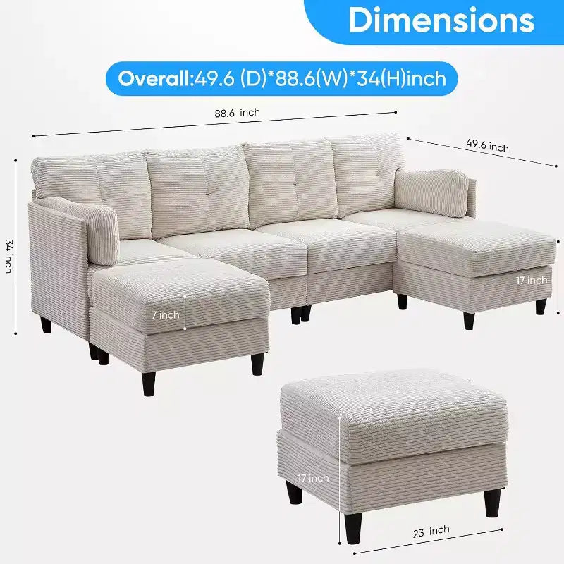 Divano Componibile a U Mjkone 89 con 2 Pouf, Divano a 6 Posti