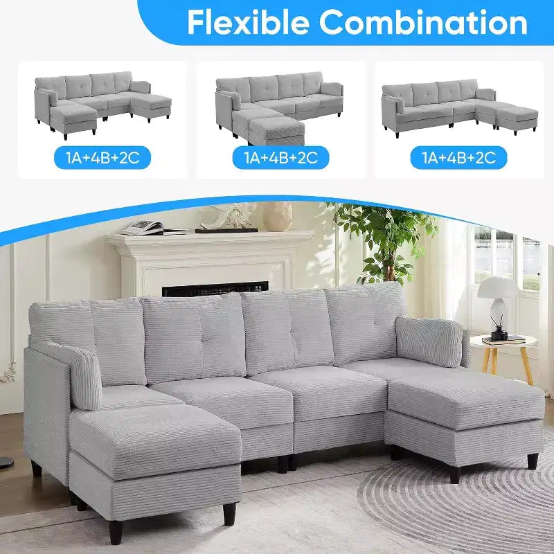 Divano Componibile a U Mjkone 89 con 2 Pouf, Divano a 6 Posti