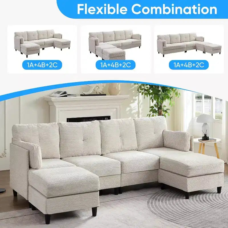 Divano Componibile a U Mjkone 89 con 2 Pouf, Divano a 6 Posti