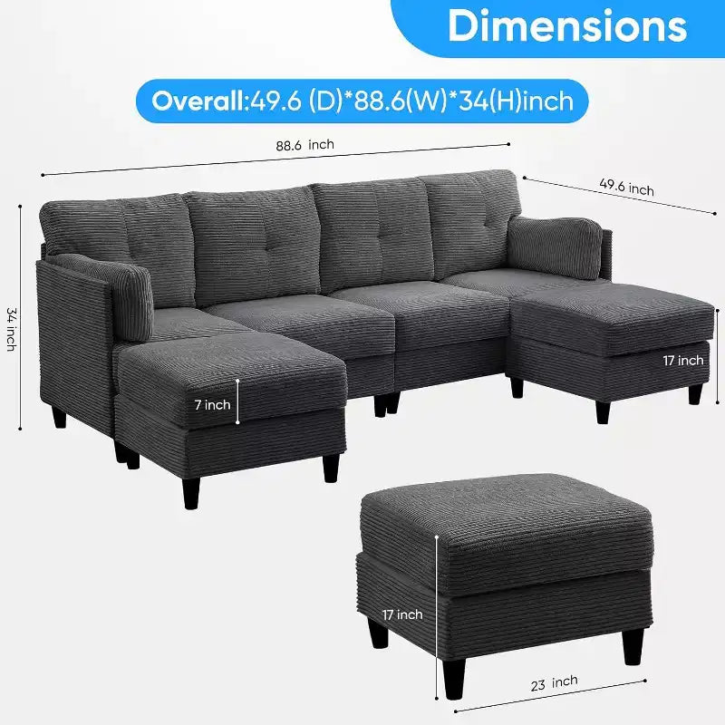 Divano Componibile a U Mjkone 89 con 2 Pouf, Divano a 6 Posti